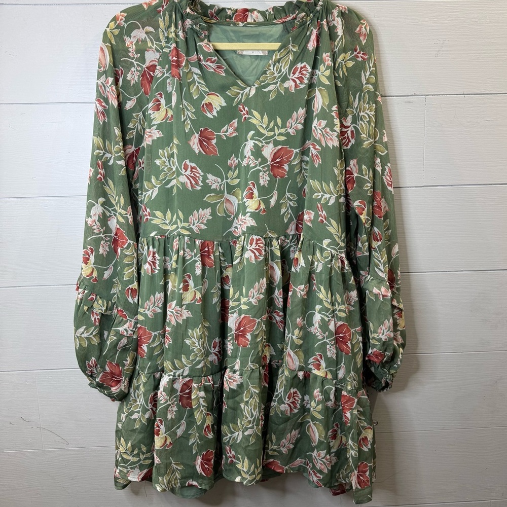 Altar'd State Flowy Boho Cottagecore Floral Green Long Sleeve Dress Size Medium